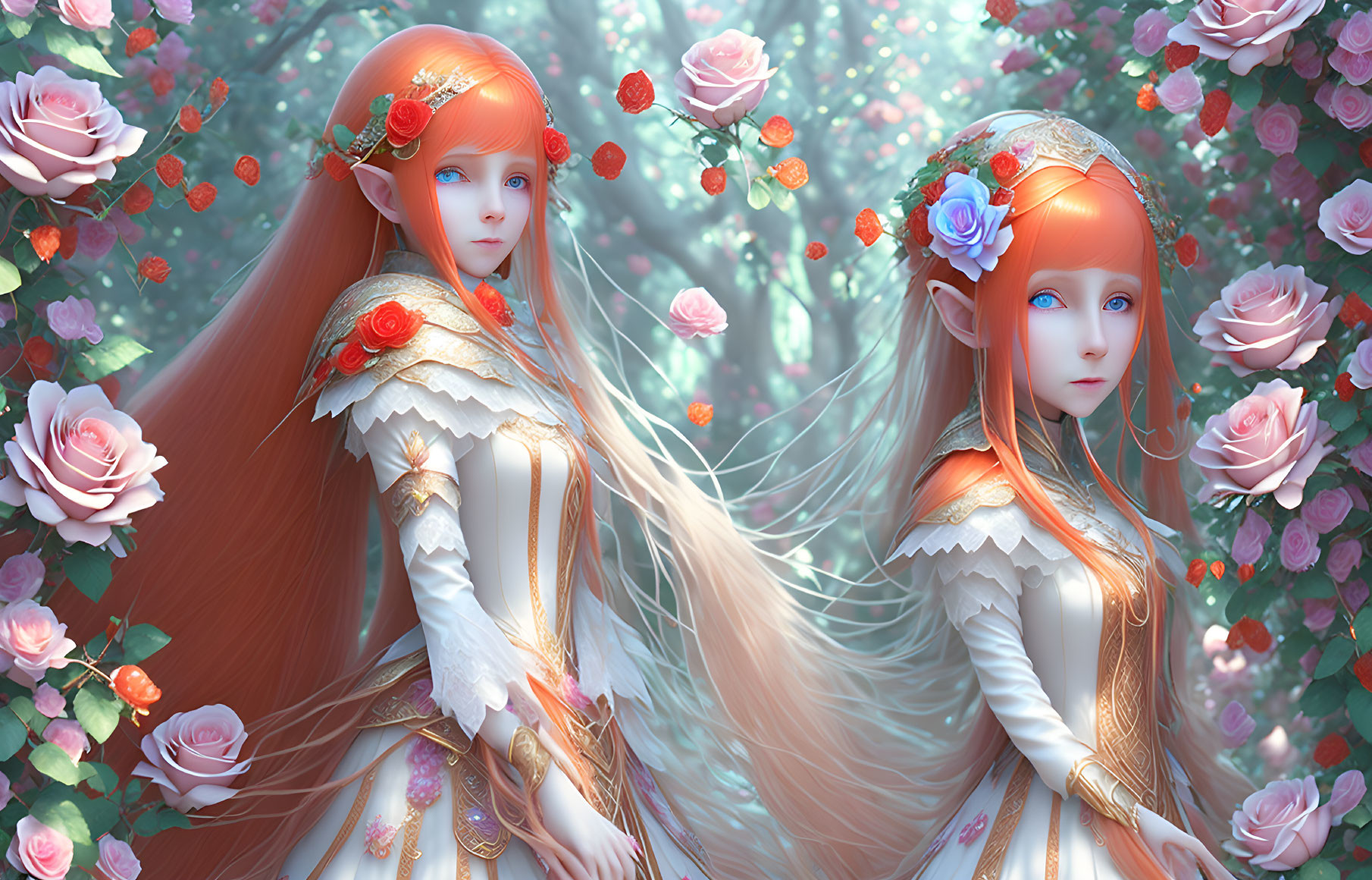 Ethereal animated characters with long hair and elfin ears in ornate outfits in rose-filled landscape