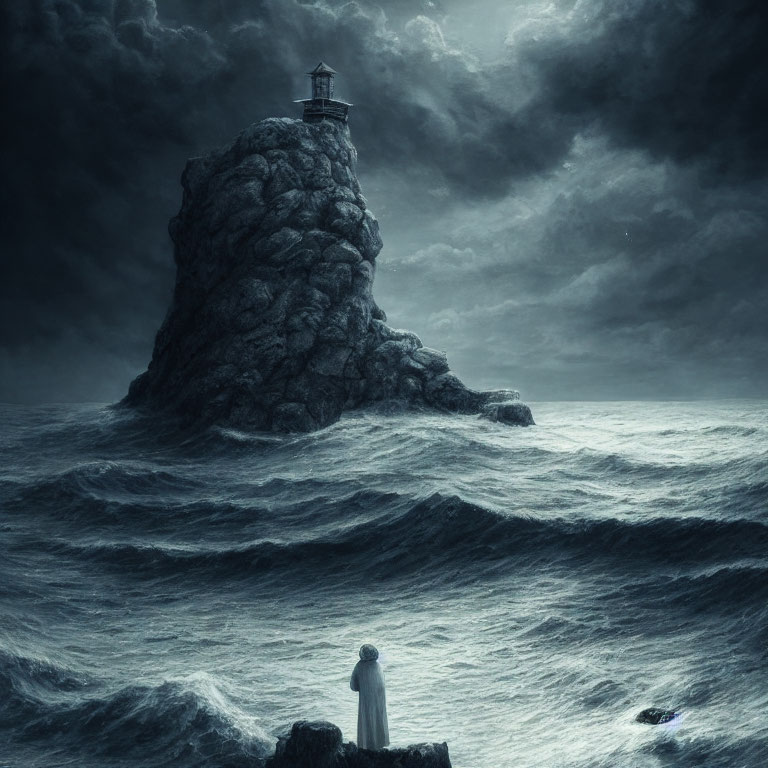 Solitary figure facing stormy sea with lighthouse on rugged rock