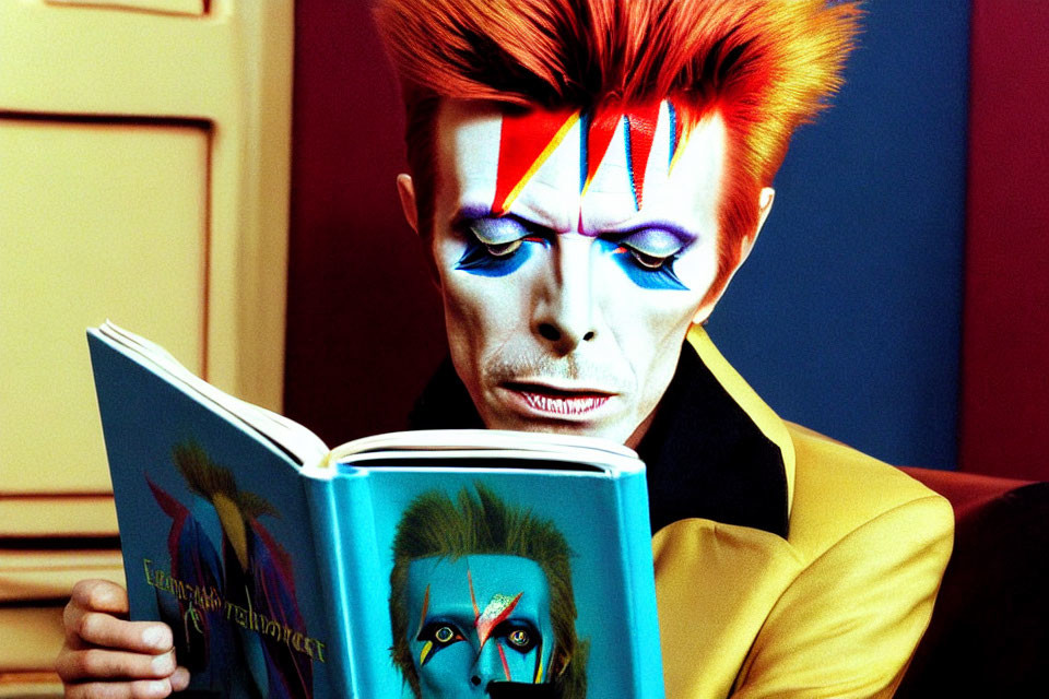 Person with Red Hair Reading Book with Matching Lightning Bolt Face Paint