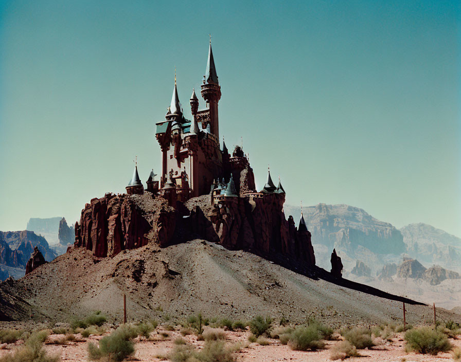 Majestic fairy tale castle on rocky hill with spires and mountain backdrop