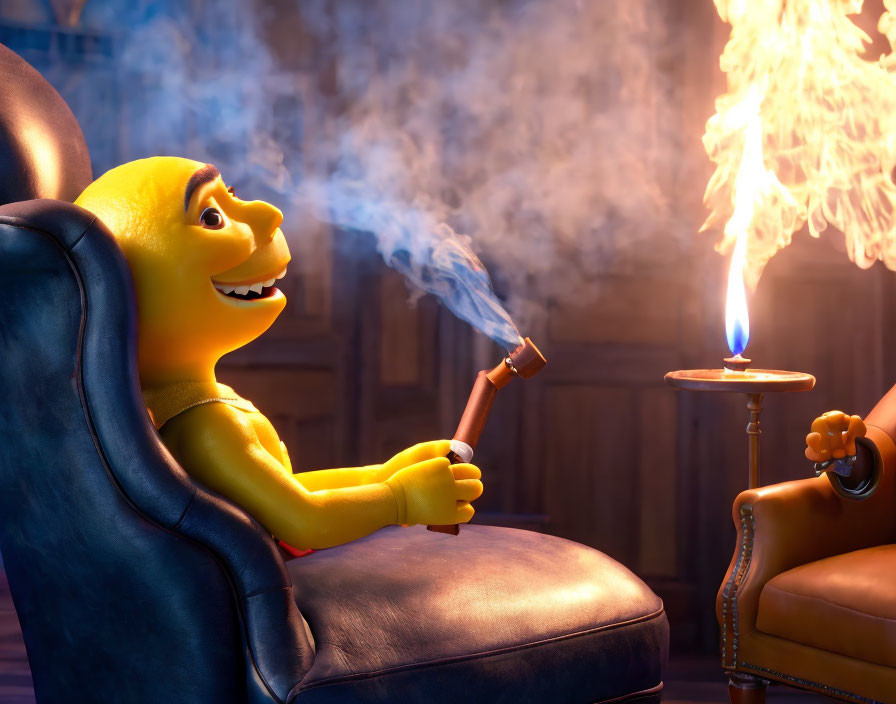 Animated character sitting in armchair with smoking pipe and fiery explosion.