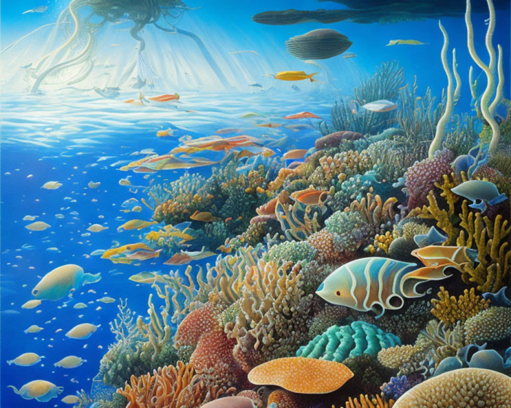 Vibrant underwater scene with diverse fish, corals, and jellyfish in sunlight.