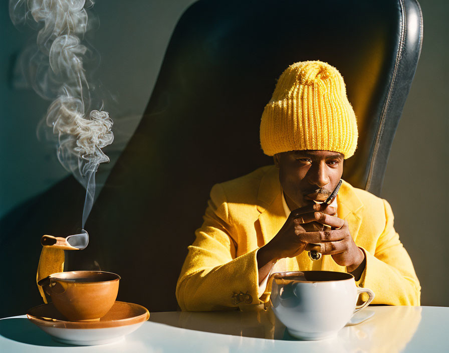 Person in Yellow Outfit Sipping Hot Beverage with Steam Rising