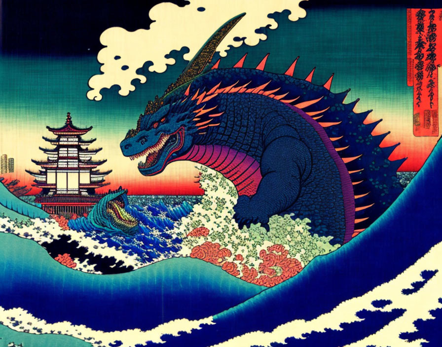 Vibrant artwork: Japanese wave, pagoda, modern twist, Godzilla emerging.