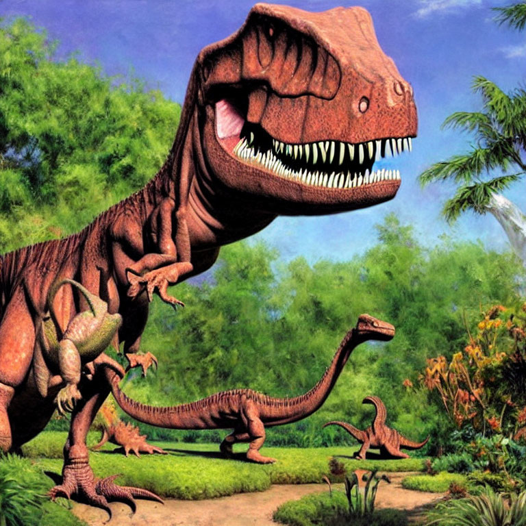 Majestic Tyrannosaurus Rex among smaller dinosaurs in prehistoric scene