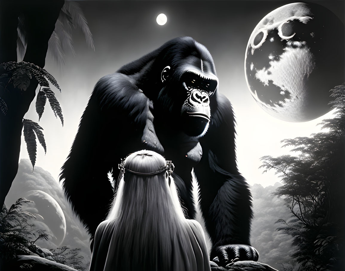 Monochrome image: gorilla and girl under moonlit sky