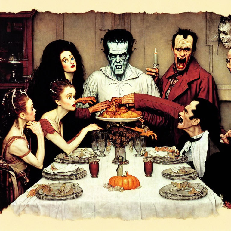 Group of people as famous monsters in Thanksgiving dinner scene