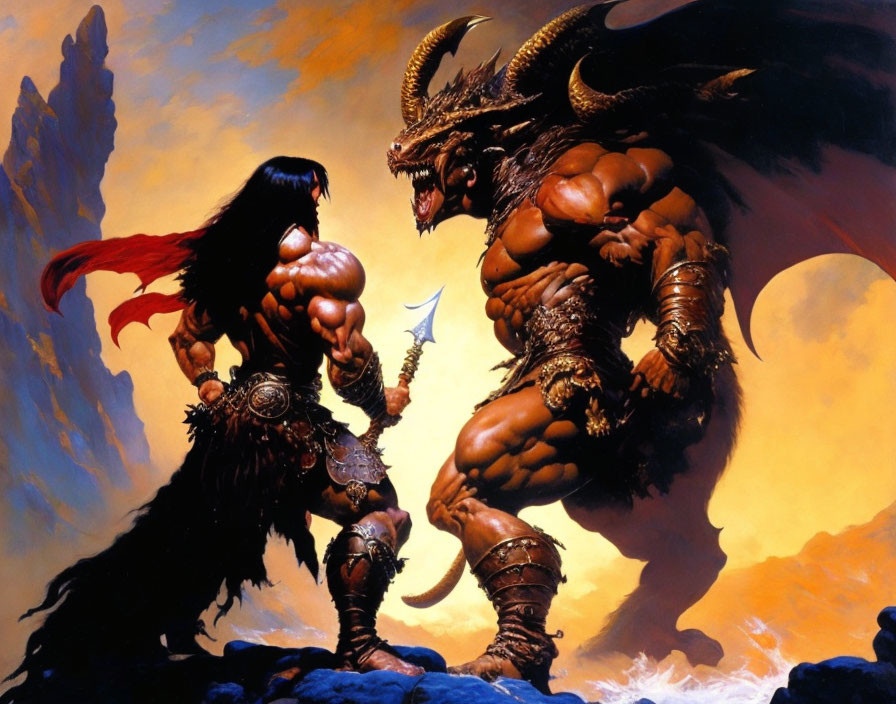 Muscular fantasy characters with red cape and axe under dramatic sky