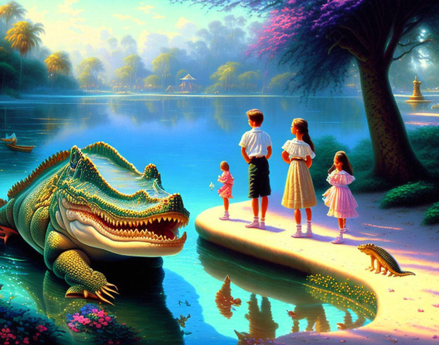 Colorful family scene by riverbank with friendly alligator