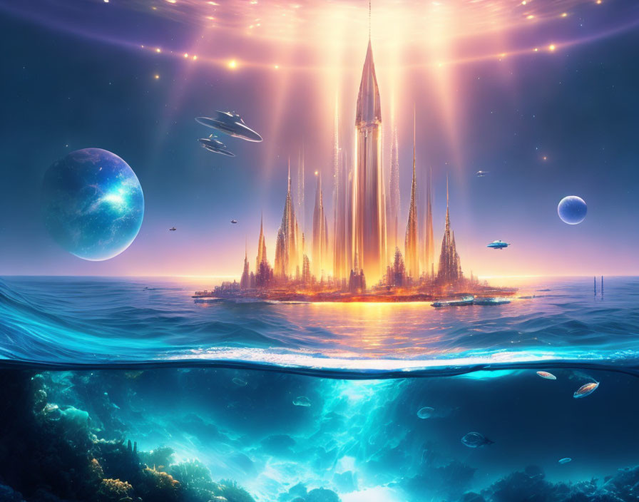 Fantastical city with towering spires above serene sea and vibrant marine life below