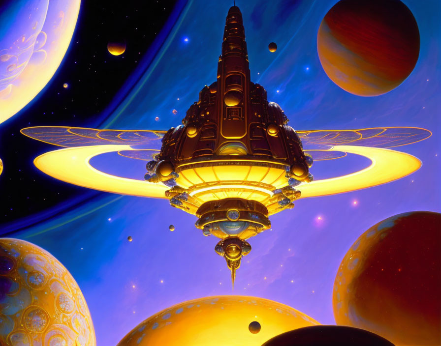 Detailed futuristic space station among colorful planets and stars