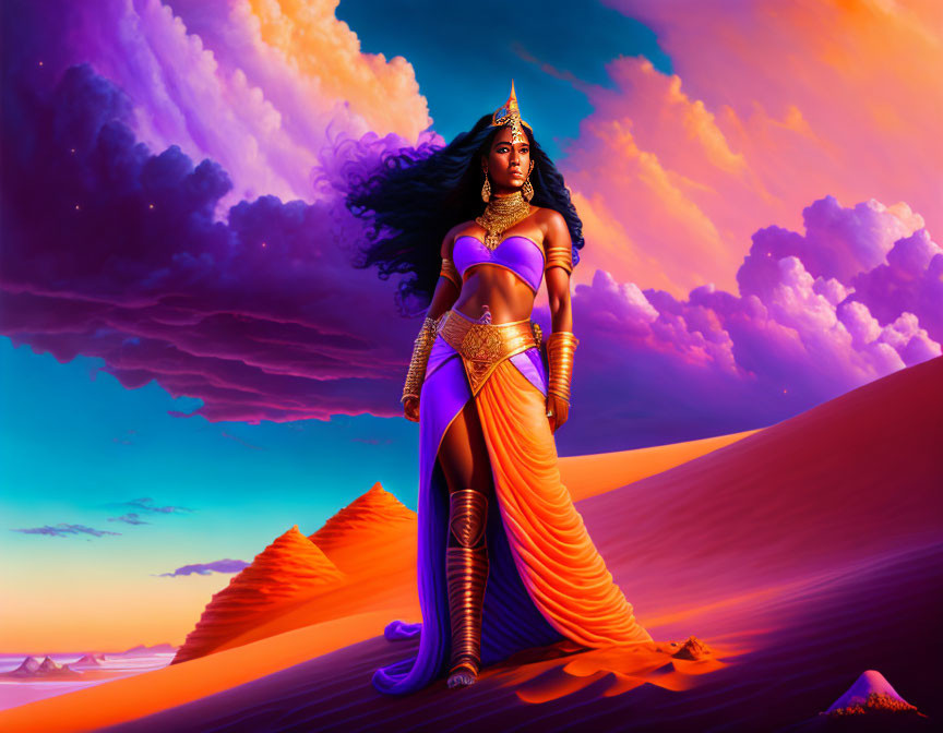 Regal warrior woman in golden armor on desert dune at sunset