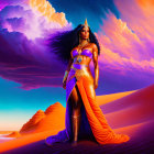 Regal warrior woman in golden armor on desert dune at sunset