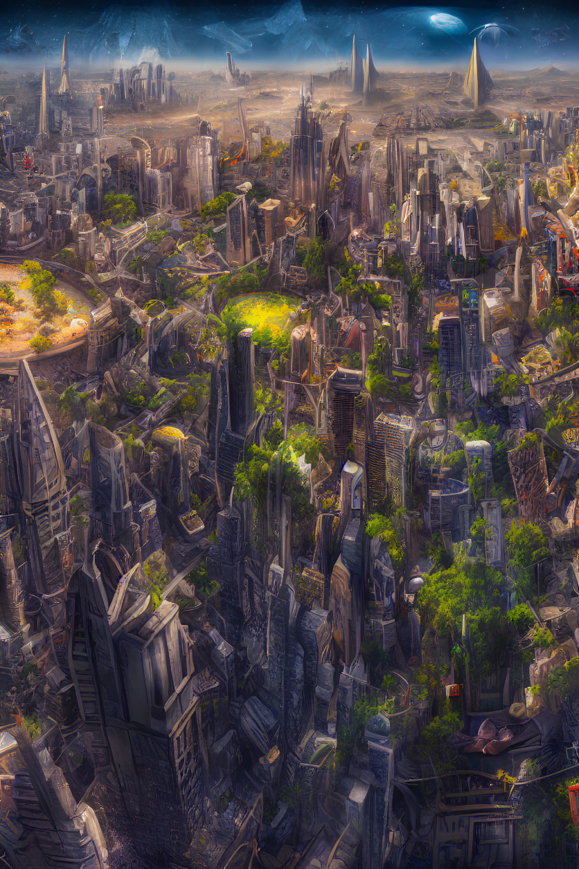 Futuristic cityscape with skyscrapers, green spaces, and advanced architecture