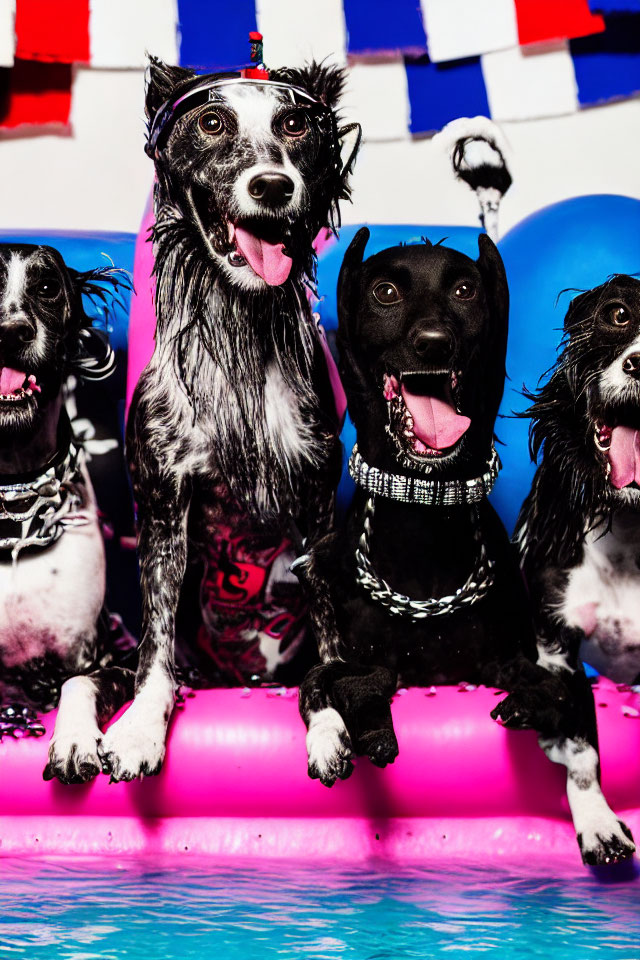 Four wet dogs on pink inflatable in pool with colorful backdrop