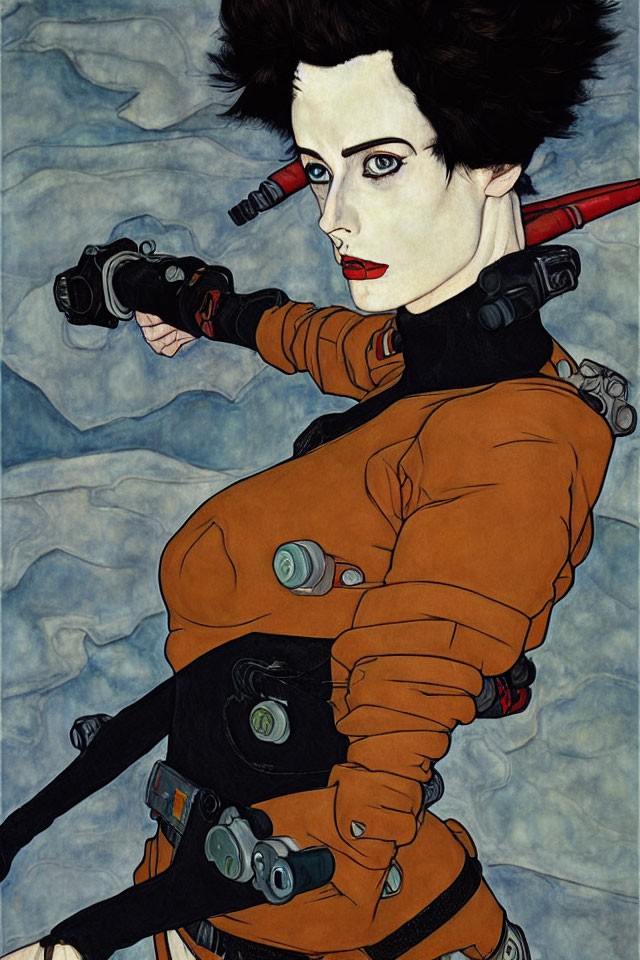 Illustration of woman with pale skin, dark hair, camera, katana, futuristic orange outfit.