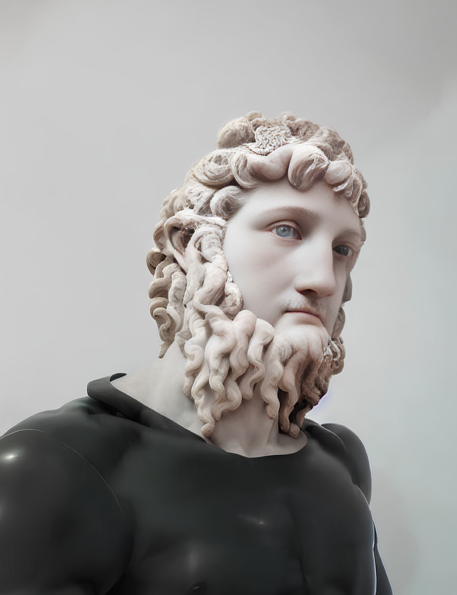 Hyperrealistic Sculpture of Man with Curly Hair, Beard, Blue Eyes, and Black Clothing