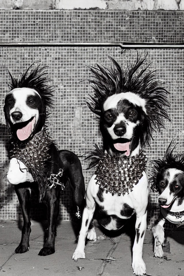 Three Black and White Dogs in Punk Style with Mohawk Hairstyles