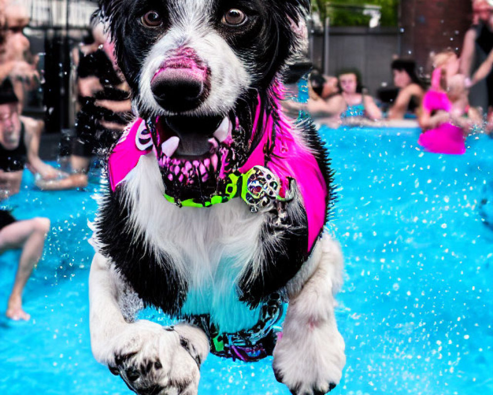 Black and white dog in pink life vest jumping over blue pool with people in background