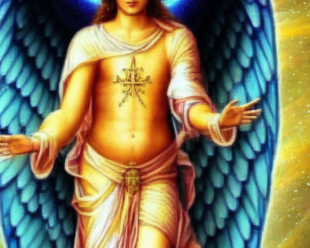 Angel with Blue Wings in White Robe on Golden Background