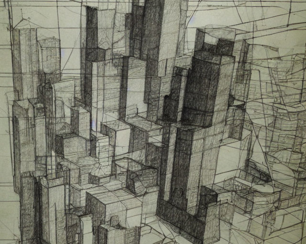 Detailed pencil sketch of complex geometric cityscape buildings.