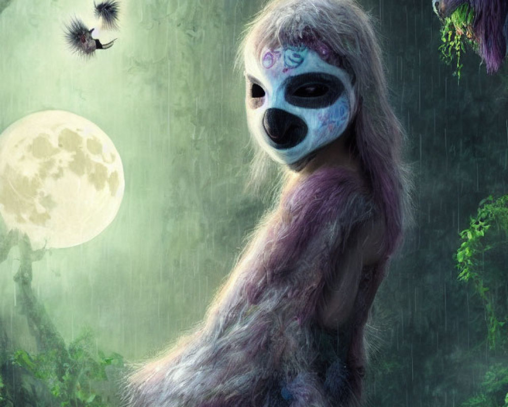 Skull-faced creature in mystical moonlit forest