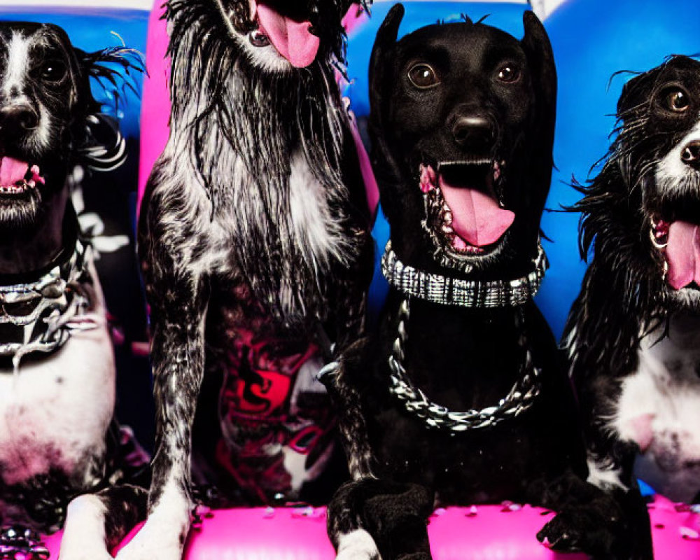 Four wet dogs on pink inflatable in pool with colorful backdrop