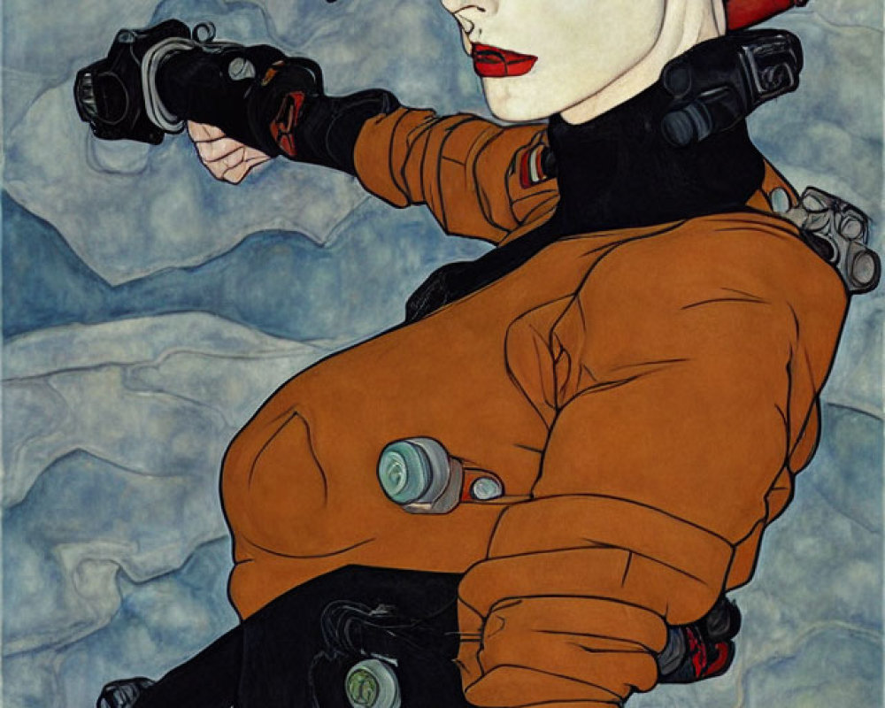 Illustration of woman with pale skin, dark hair, camera, katana, futuristic orange outfit.