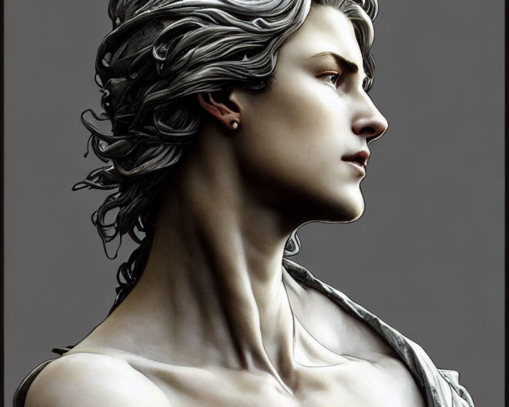 Sculpture of person with wavy hair, earring, and draped attire