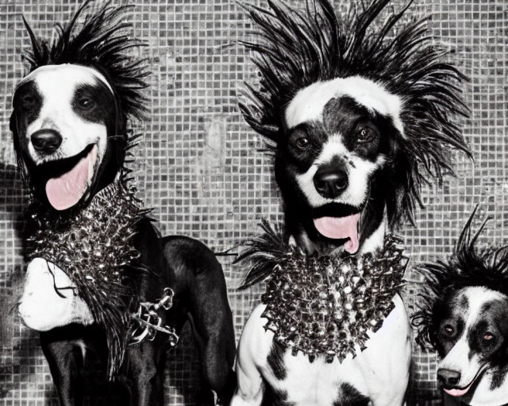 Three Black and White Dogs in Punk Style with Mohawk Hairstyles