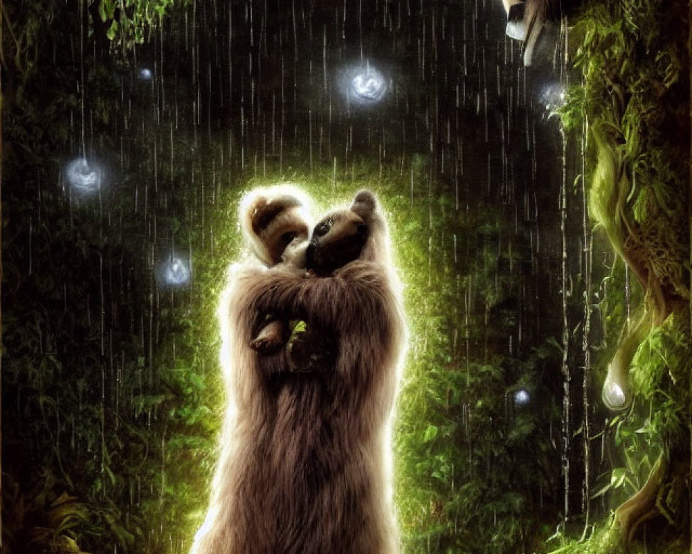 Fantastical creatures embrace in rain-drenched forest with masks and glowing orbs