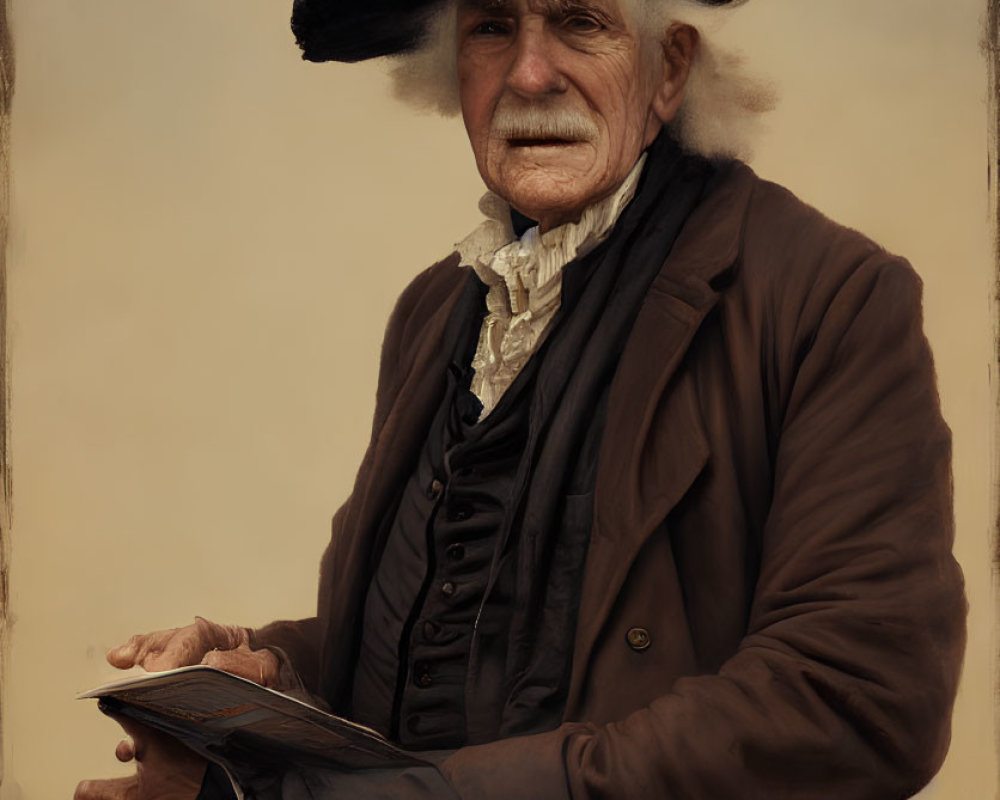 Elderly man in historical dress with tricorne hat and book