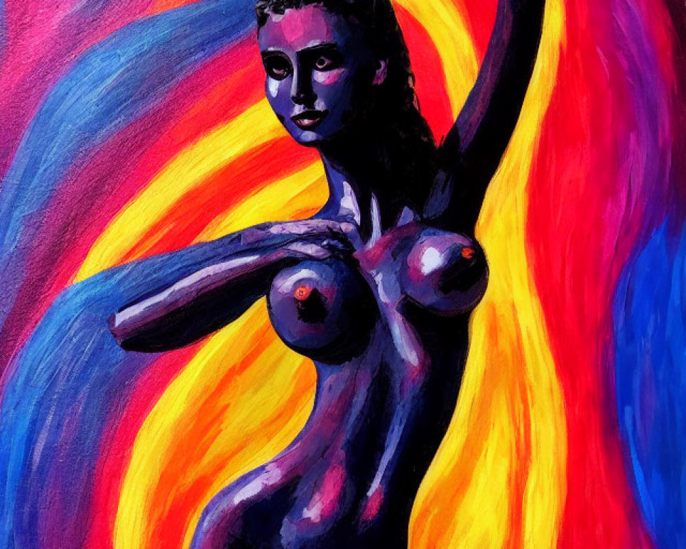 Abstract painting of stylized female figure in vibrant colors