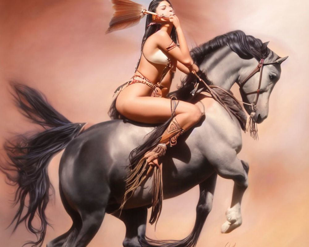 Woman in Native American attire riding galloping grey horse