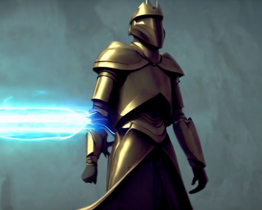 Futuristic knight in sleek armor with blue energy weapon in dimly-lit setting