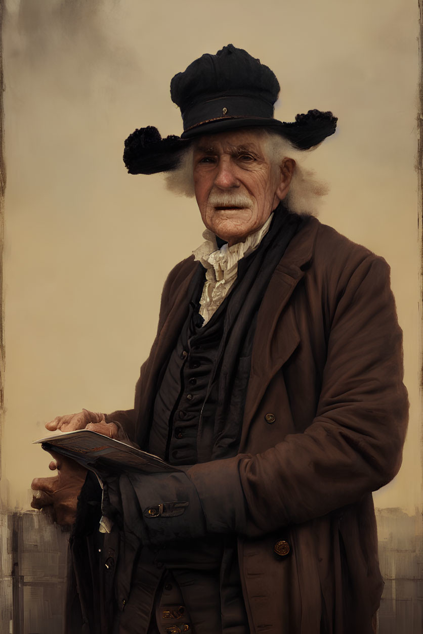 Elderly man in historical dress with tricorne hat and book