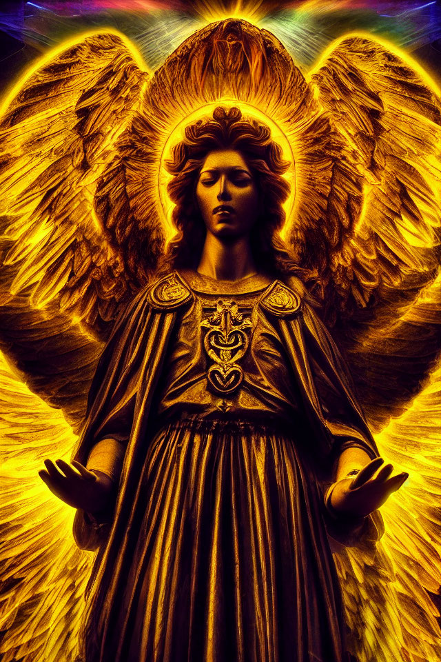 Illustration of angel with golden wings and halo in regal robe.