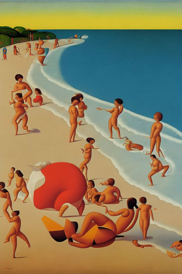 Stylized painting of figures on beach with red & white umbrella