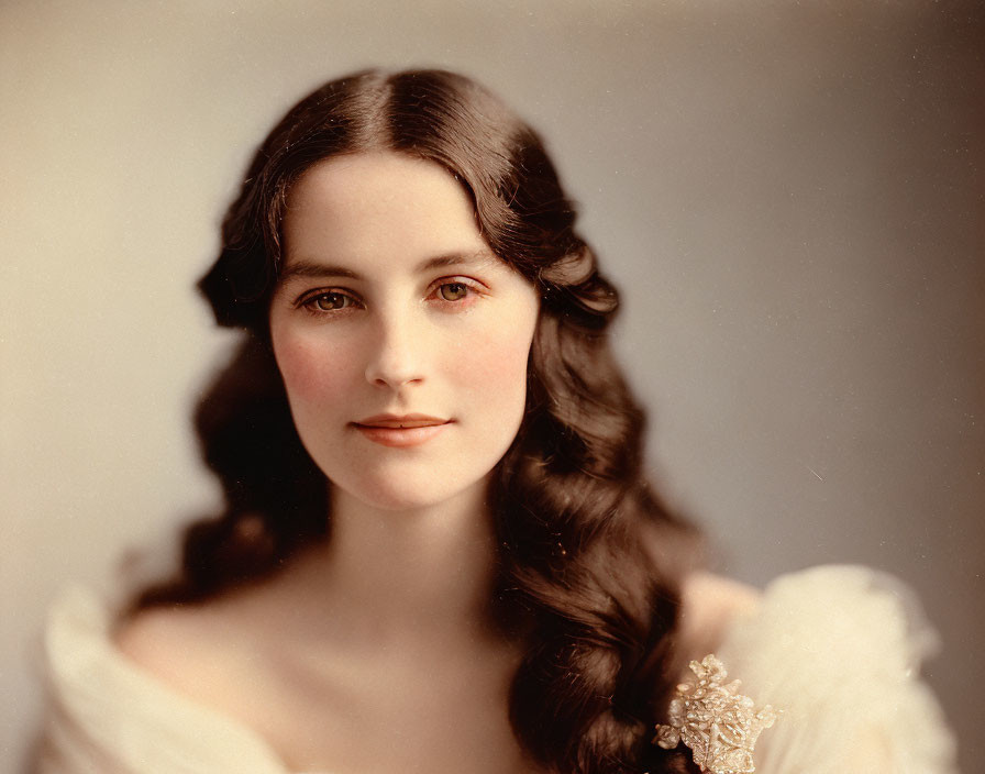 Portrait of woman with long wavy hair, fair skin, green eyes, off-shoulder dress