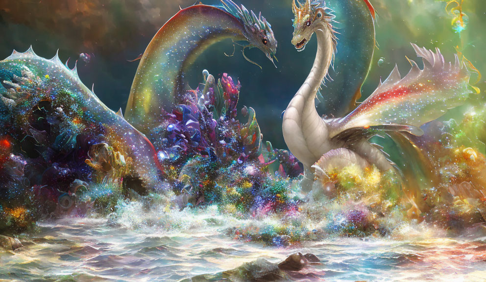 Majestic white and multicolored dragons in cosmic scene