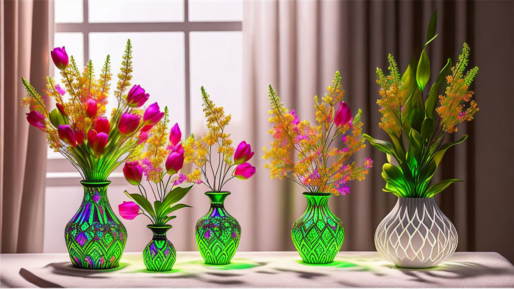 Vibrant flowers in five patterned vases on table by sunlit window