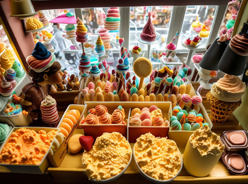 Vibrant Fake Ice Cream Cones and Desserts in Shop Window