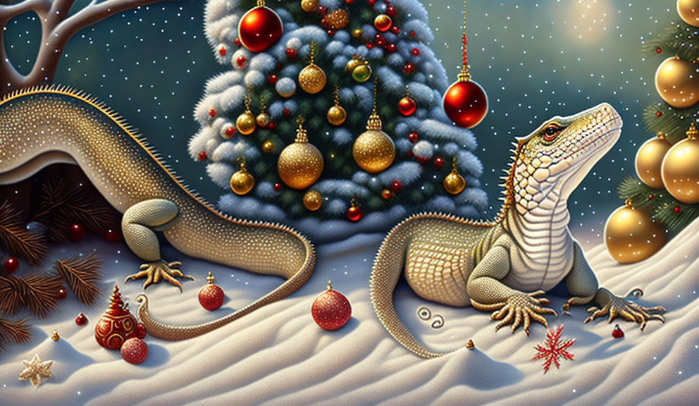 Lizard in Snowy Landscape with Christmas Tree and Presents