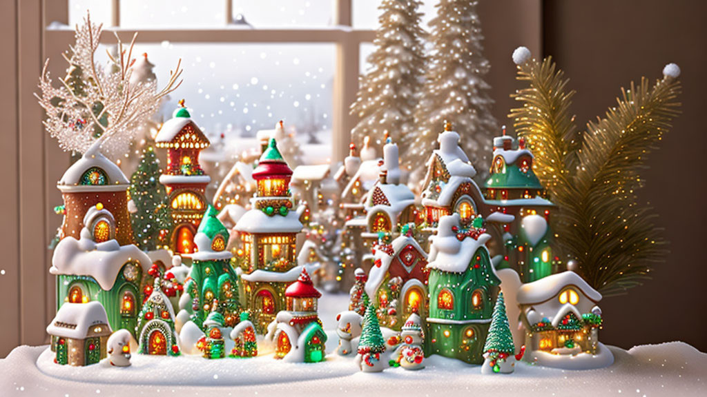 Miniature Christmas village with illuminated houses and snowy backdrop