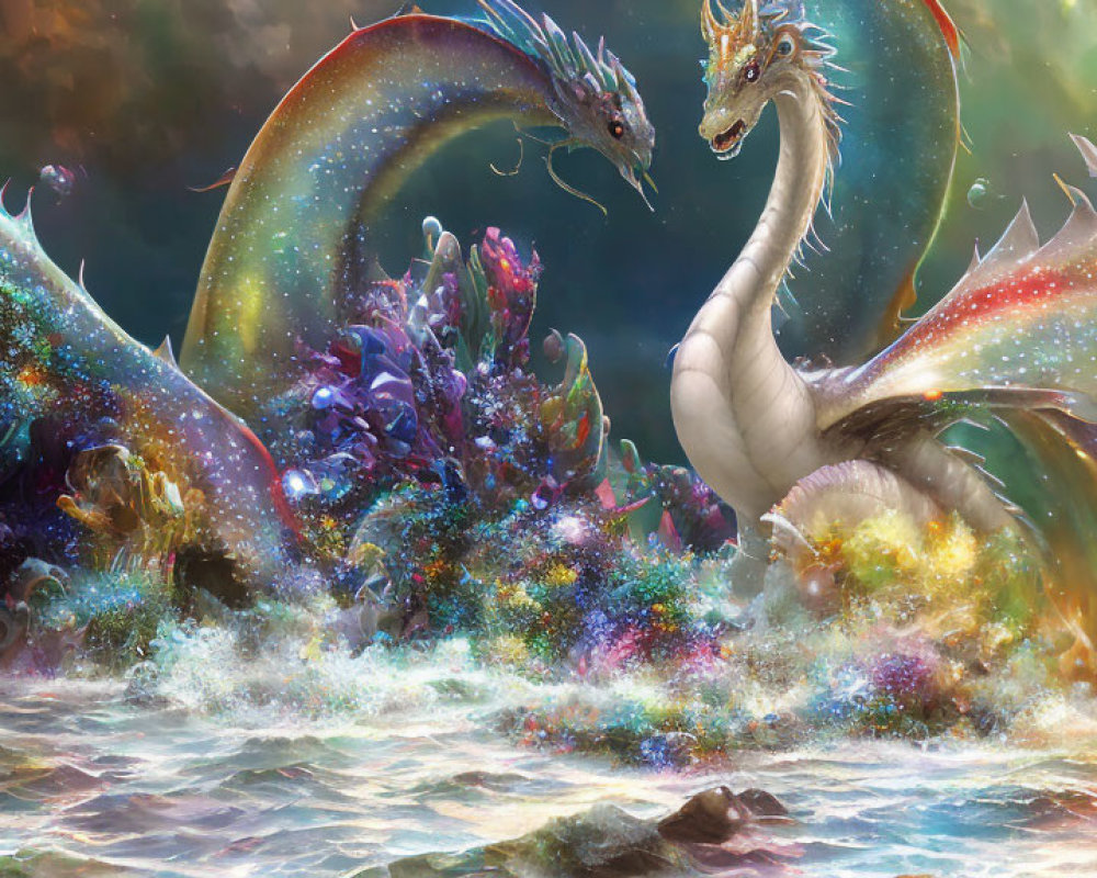 Majestic white and multicolored dragons in cosmic scene