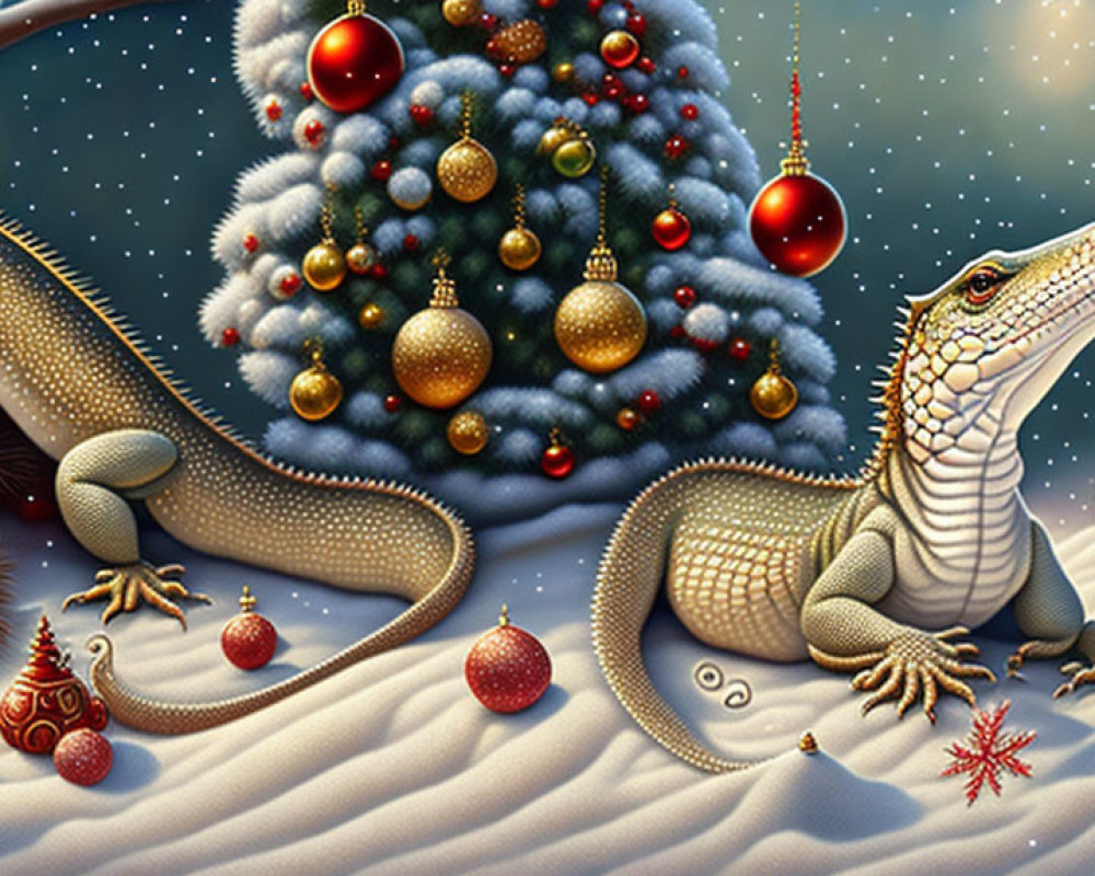 Lizard in Snowy Landscape with Christmas Tree and Presents