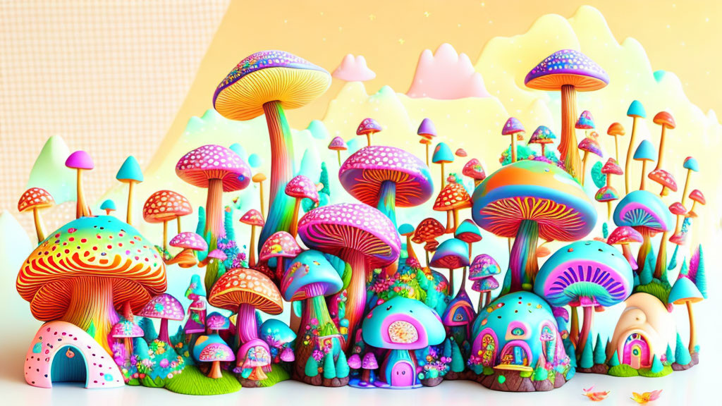 Whimsical mushroom illustration with pastel mountain backdrop