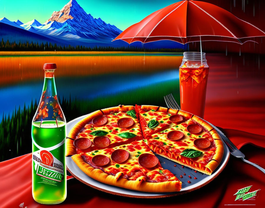 Colorful soda, pizza, and umbrella on reflective surface with mountain backdrop