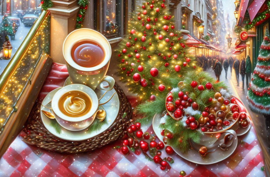 Warm Holiday Beverage and Berries on Checkered Tablecloth