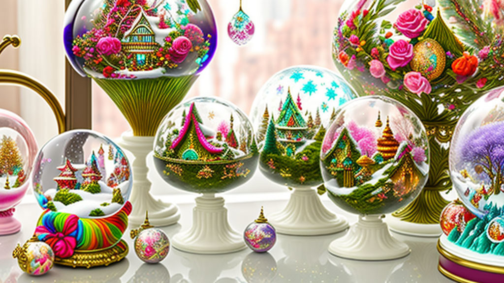 Vibrant festive snow globes and ornaments on windowsill showcase holiday scenes